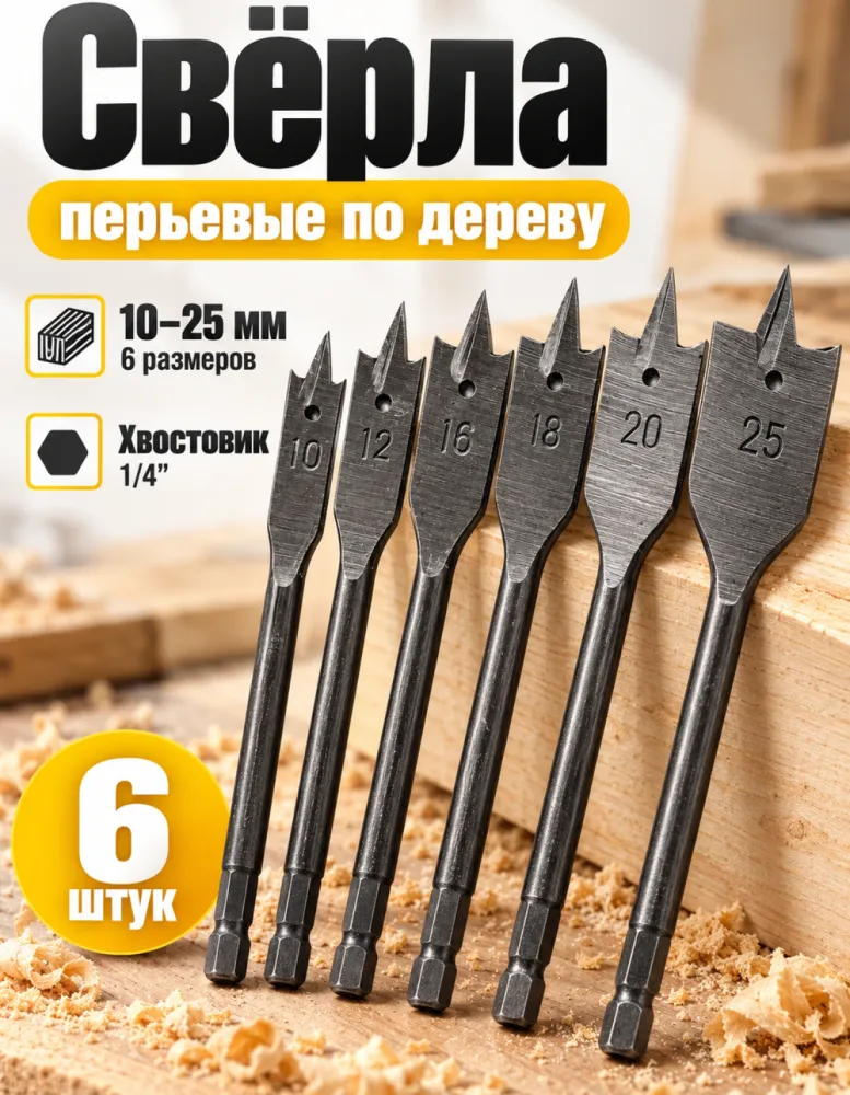 Набор перьевых свёрл по дереву Maximum 6 шт 10–25 мм MX13131