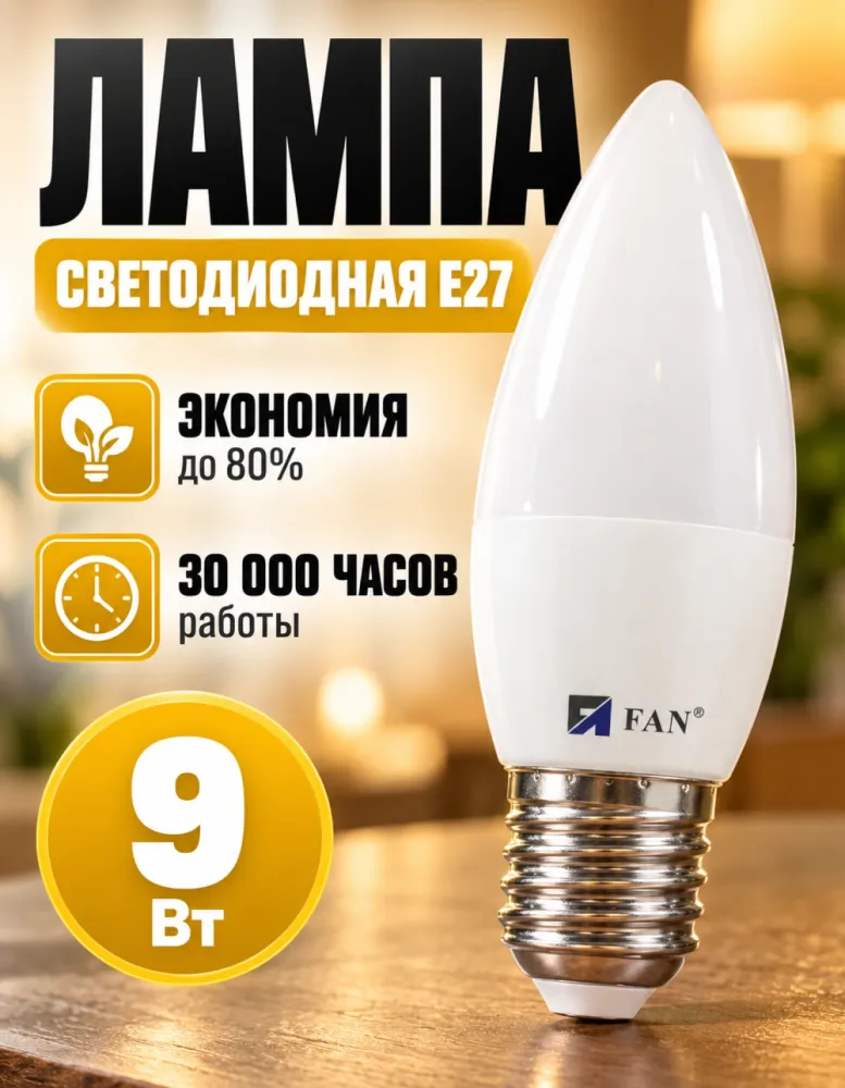 Лампа светодиодная FAN 9 Вт E27 свеча 6500K