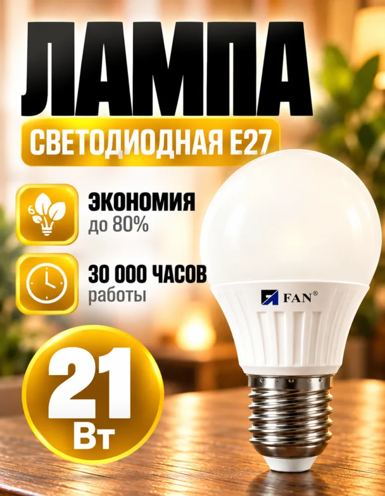 Лампа светодиодная FAN 21 Вт E27 груша 6500K