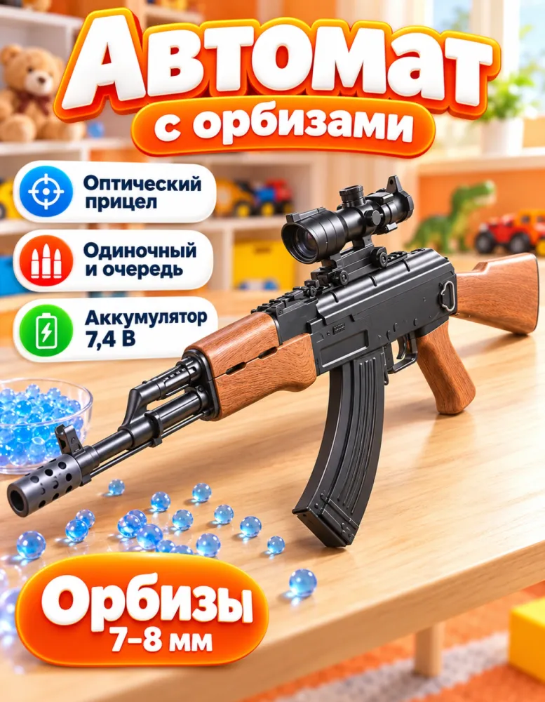 Автомат орбизный АК47 J.11 с оптическим прицелом и аккумулятором