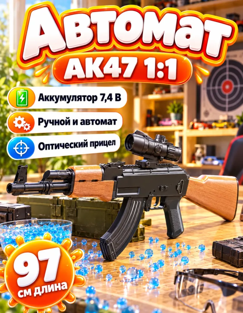 Автомат орбизный АК47 1:1 электрический с прицелом, 97 см