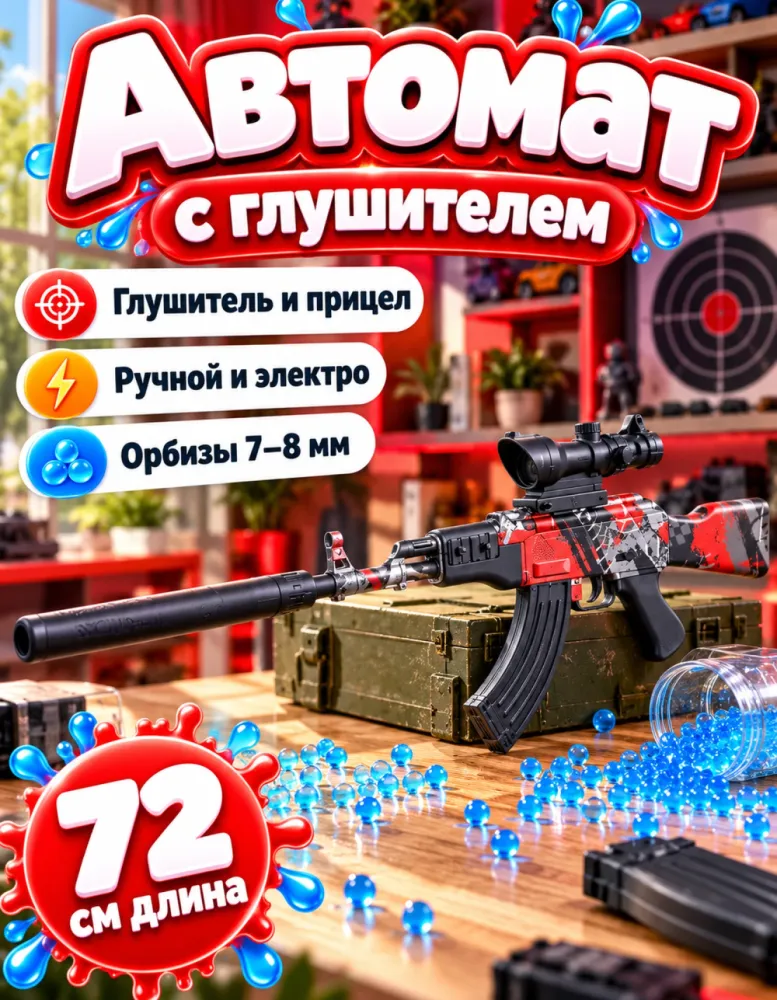 Автомат орбизный АК47 JR716-1 с глушителем и прицелом, 72 см