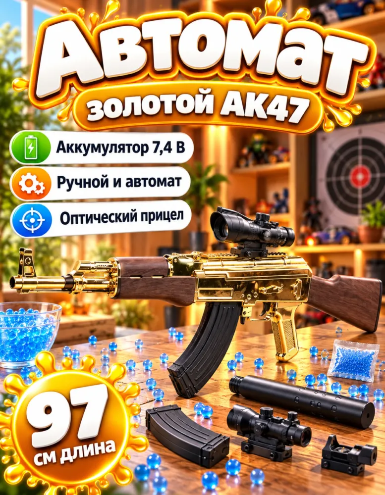 Автомат орбизный АК47 1:1 золотой электрический с прицелом, 97 см