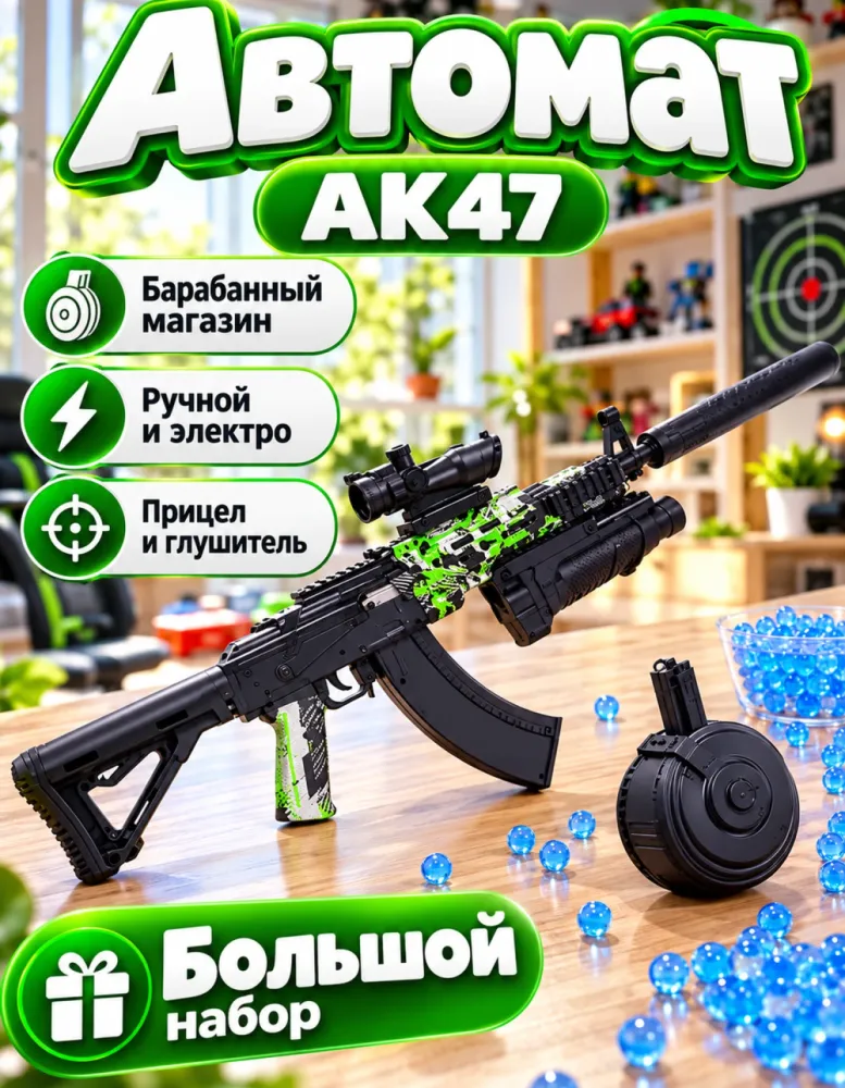 Автомат орбизный АК47 JR710 с барабанным магазином и прицелом