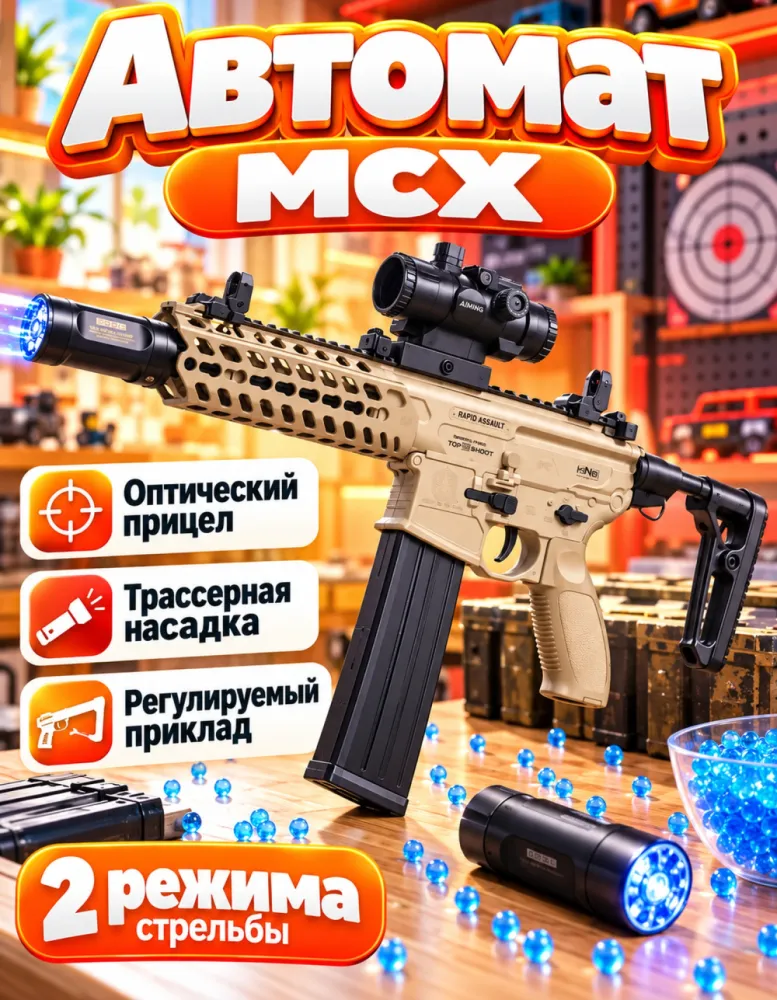Автомат орбизный MCX песочный с прицелом и трассером