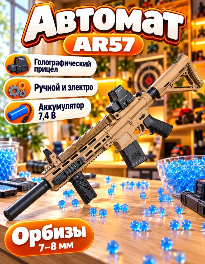 Автомат орбизный AR57 песочный с прицелом и глушителем