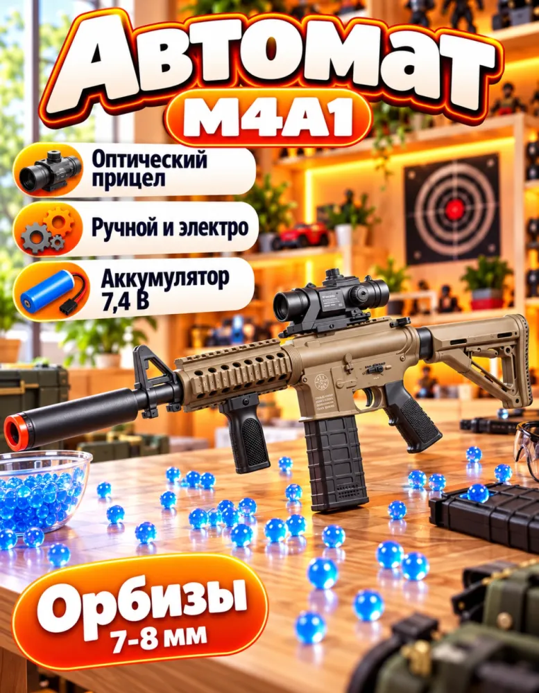Автомат орбизный M4A1 песочный с прицелом и глушителем