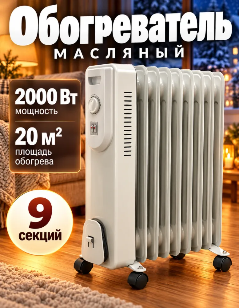 Масляный радиатор Техногранд 9 секций, 2000 Вт, до 20 м²